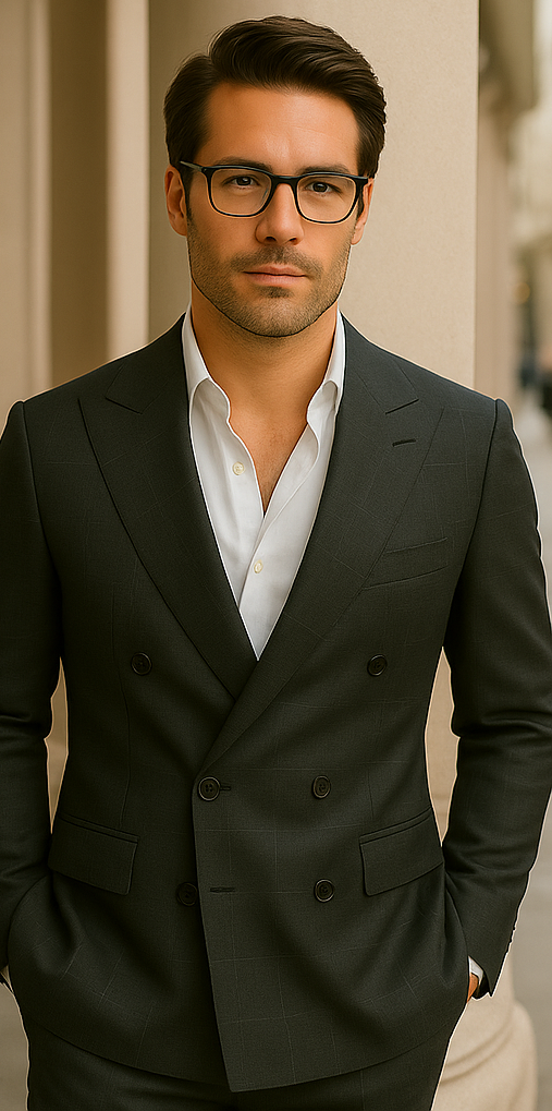 Wool Suit - Italian Made Business Suit by Statement Men's 100% Wool 2 Piece Double Breasted Suit - Subtle Windowpane 20 SD-104_Black_38R  - from alligatorwarehouse.com