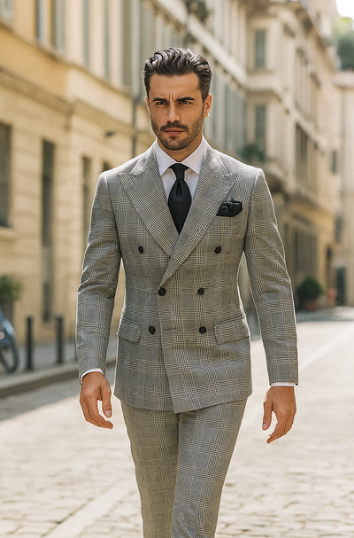 Suits With Baggy Pleated Pants - Wide Leg Pants 100% Wool - Classic Fit in Black and White Plaid Color by Rossiman 7   - from alligatorwarehouse.com