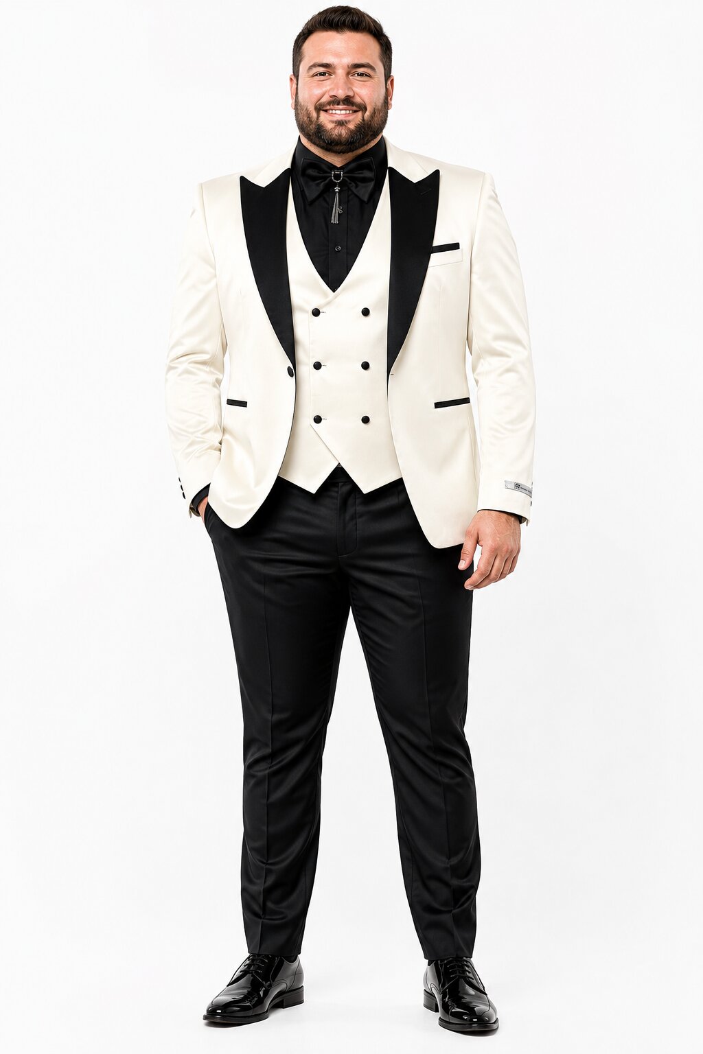Giovanni Testi Suits With Double Breasted Vest - 3 Pieces Ivory and Black Peak Lapel Suit