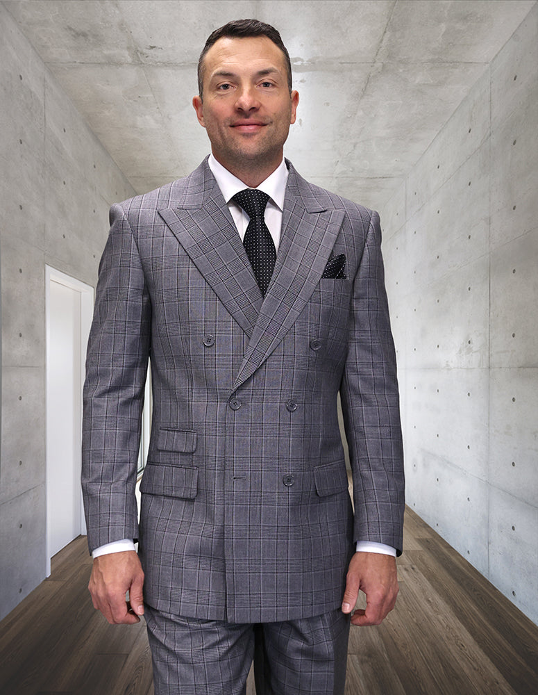 Statement Men's Outlet 2-Piece 100% Wool Double-Breasted Plaid Fashion Suit 1 COPELO-BLACK-34S  - from alligatorwarehouse.com