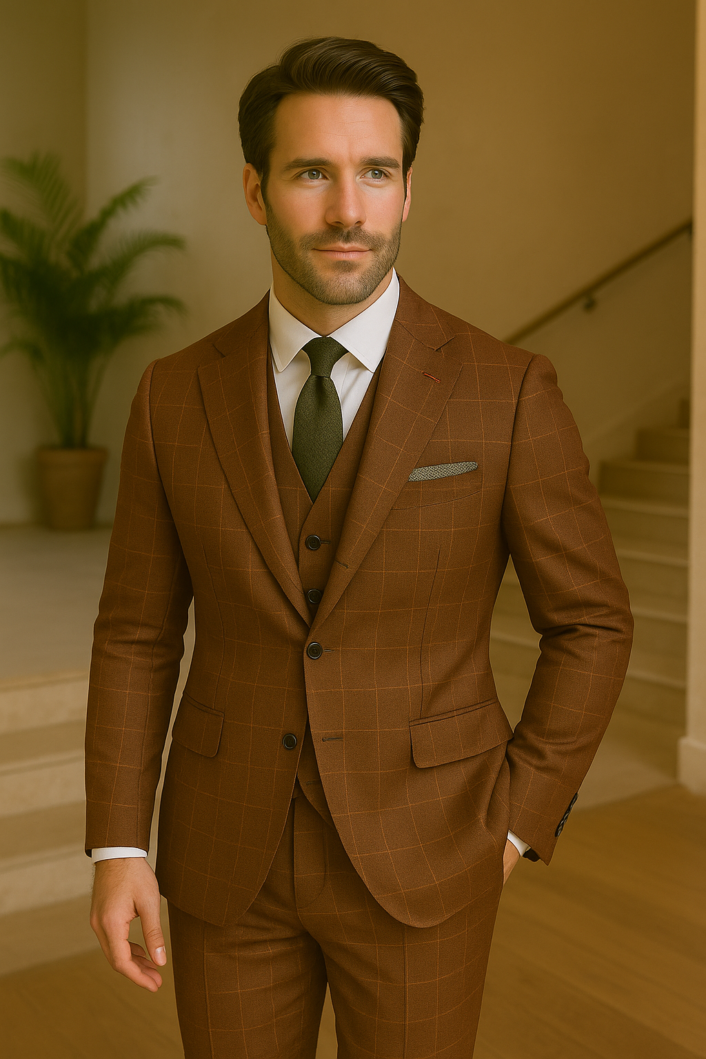 Wool Suit - Italian Made Business Suit by Statement Men's 3 Piece 100% Wool Modern Fit Suit - V-Neck Double Breasted Vest 11 MONTESUIT_Brown_38R  - from alligatorwarehouse.com