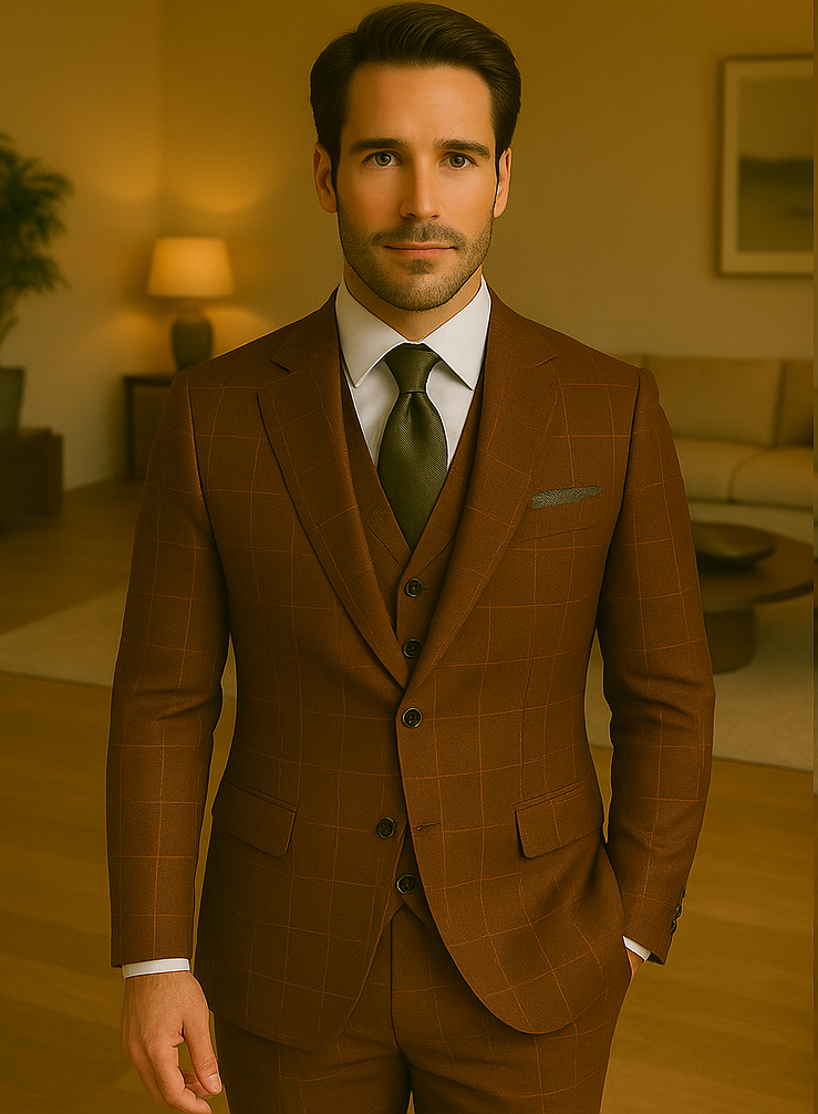 Wool Suit - Italian Made Business Suit by Statement Men's 3 Piece 100% Wool Modern Fit Suit - V-Neck Double Breasted Vest 12 MONTESUIT_Brown_38R  - from alligatorwarehouse.com