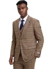Men's Stacy Adams Vested Modern Fit Houndstooth Glen Plaid Suit in Camel & Green