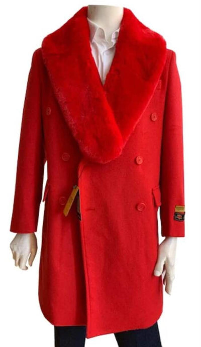Double Breasted Three Quarter Overcoat Red - Wool And Cashmere Peacoat - Topcoat 1   - from alligatorwarehouse.com