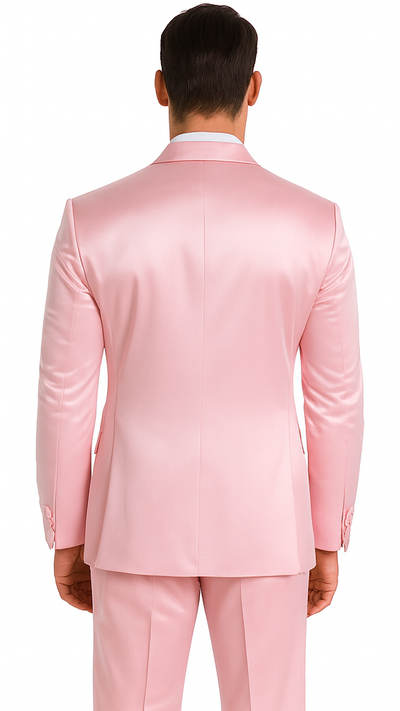 Dusty Rose Satin Double Breasted Peak Lapel 3 Piece Skinny Fit Tazzio Men's Suit with Matching Bowtie