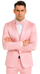 Dusty Rose Satin Double Breasted Peak Lapel 3 Piece Skinny Fit Tazzio Men's Suit with Matching Bowtie