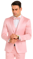 Dusty Rose Satin Double Breasted Peak Lapel 3 Piece Skinny Fit Tazzio Men's Suit with Matching Bowtie