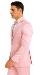Dusty Rose Satin Double Breasted Peak Lapel 3 Piece Skinny Fit Tazzio Men's Suit with Matching Bowtie