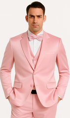 Dusty Rose Satin Double Breasted Peak Lapel 3 Piece Skinny Fit Tazzio Men's Suit with Matching Bowtie