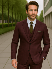 Wool Suit - Italian Made Business Suit by Statement Men's 3 Piece 100% Wool Modern Fit Suit - V-Neck Double Breasted Vest