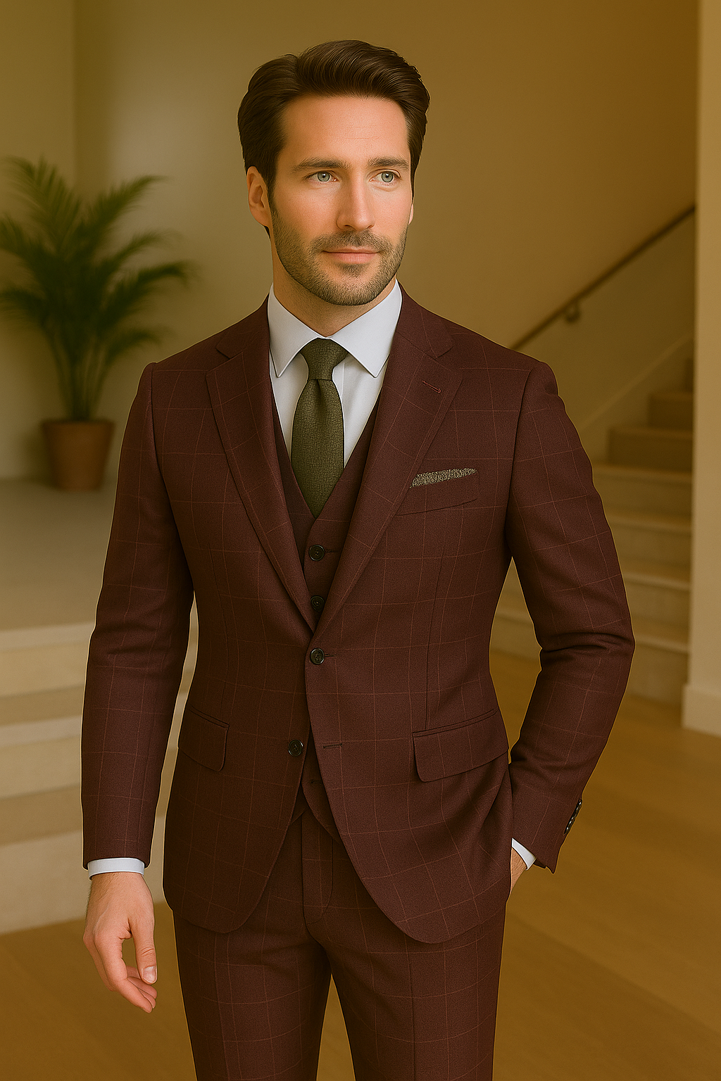 Wool Suit - Italian Made Business Suit by Statement Men's 3 Piece 100% Wool Modern Fit Suit - V-Neck Double Breasted Vest 19 MONTESUIT_Brown_38R  - from alligatorwarehouse.com