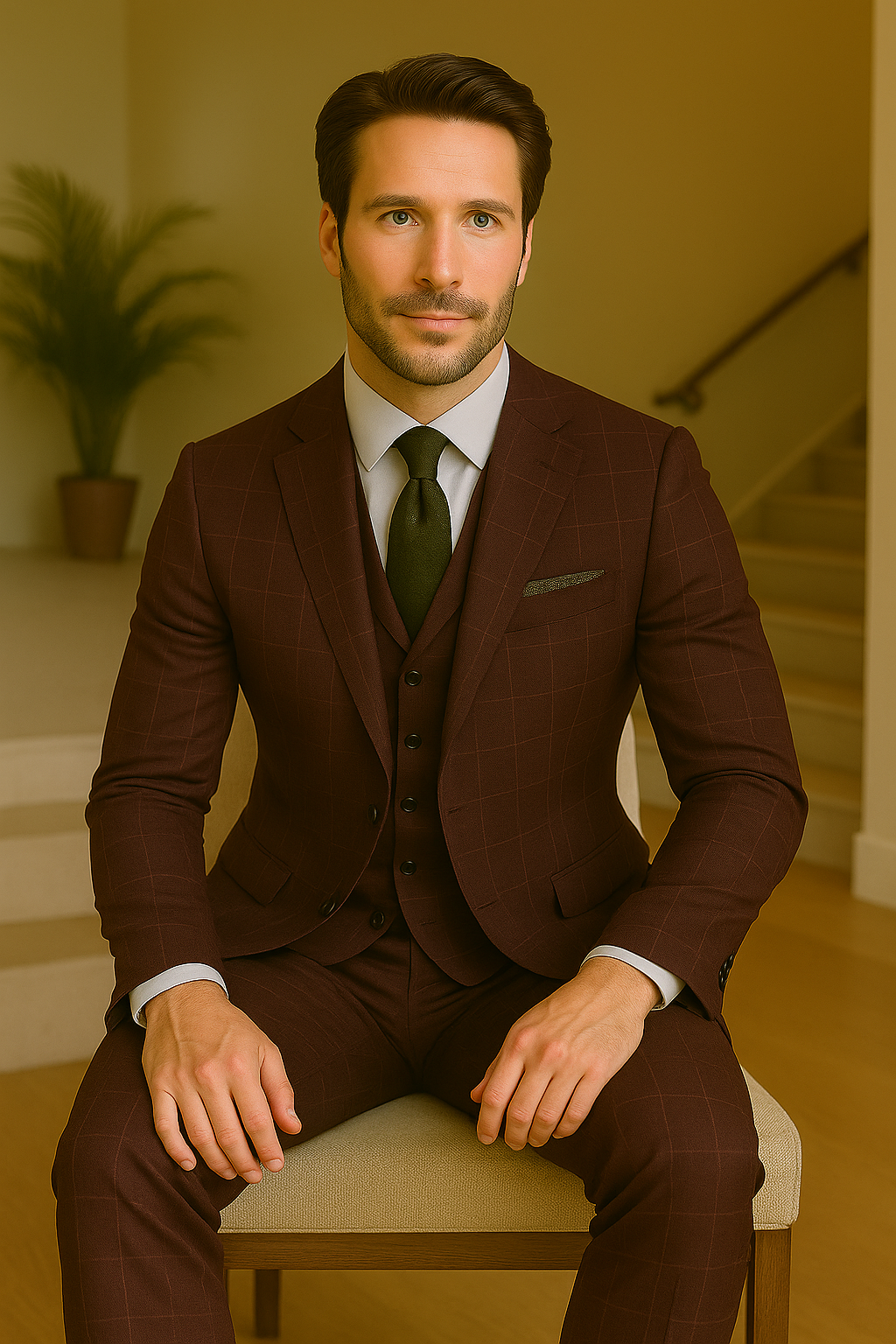 Wool Suit - Italian Made Business Suit by Statement Men's 3 Piece 100% Wool Modern Fit Suit - V-Neck Double Breasted Vest