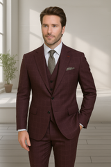 Wool Suit - Italian Made Business Suit by Statement Men's 3 Piece 100% Wool Modern Fit Suit - V-Neck Double Breasted Vest