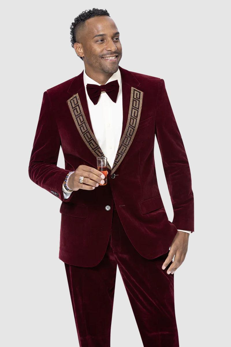 EJ Samuel Men's Burgundy Modern Fit Velvet Tuxedo with Gold Sequin Lapel 1 JP110-Burgundy-34  - from alligatorwarehouse.com