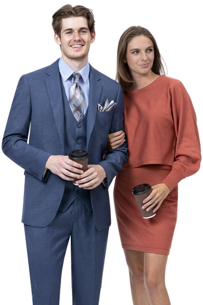 EJ Samuel Men's Sharkskin Vested Business Suit in Midnight Blue - Modern Fits, 2-Button Style 1 M18022-MidNight-42-Regular  - from alligatorwarehouse.com