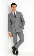 Executive Double Breasted Regular Fit Glen Plaid Suit - Color Grey