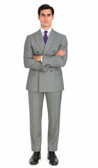 Executive Double Breasted Regular Fit Glen Plaid Suit - Color Grey