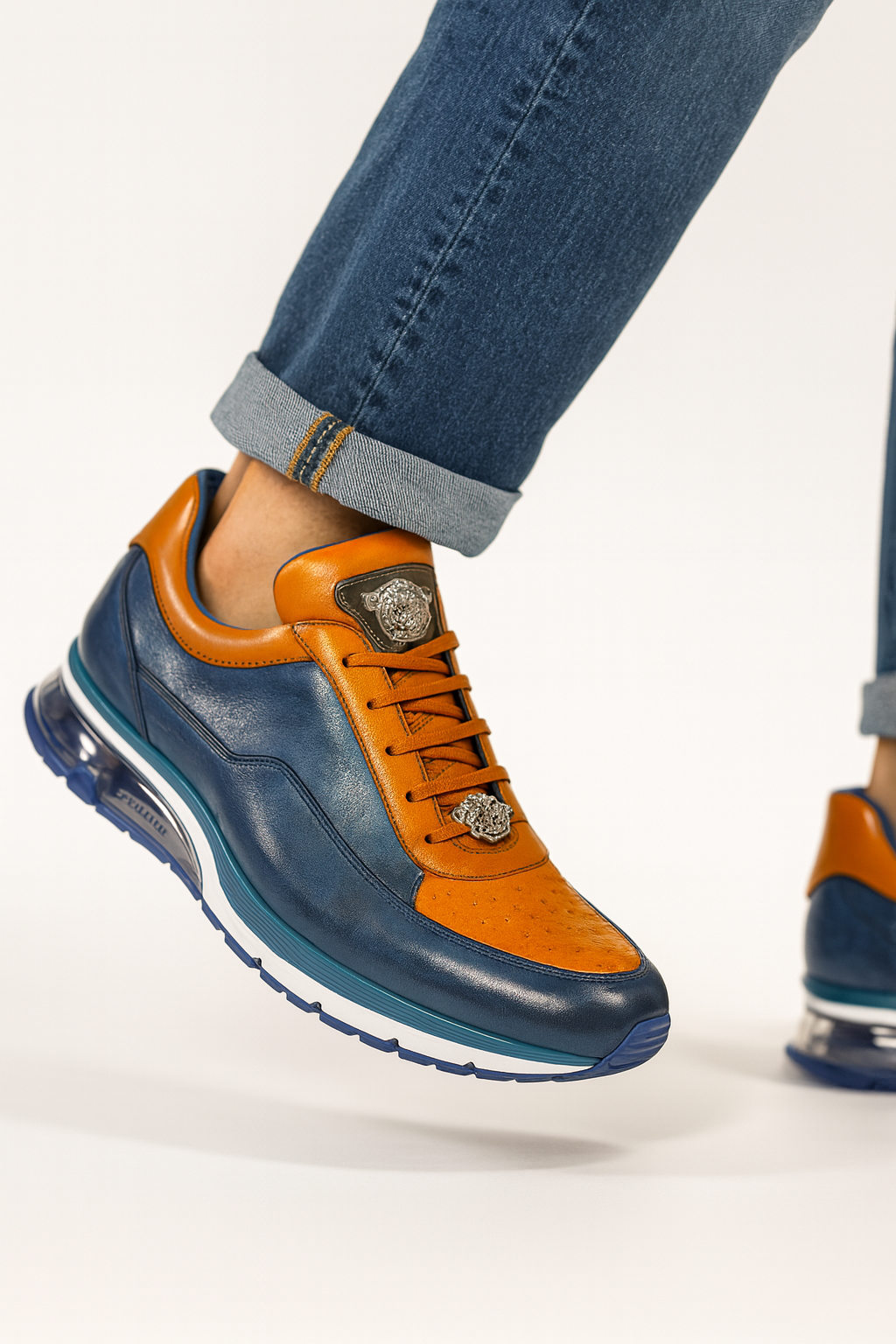 Belvedere  Flash Men's Shoes Blue Safari & Almond Exotic Ostrich / Calf-skin Leather Casual Sneakers 8 MEN E01 BLUE SAFARI/ALMOND-M-06  - from alligatorwarehouse.com