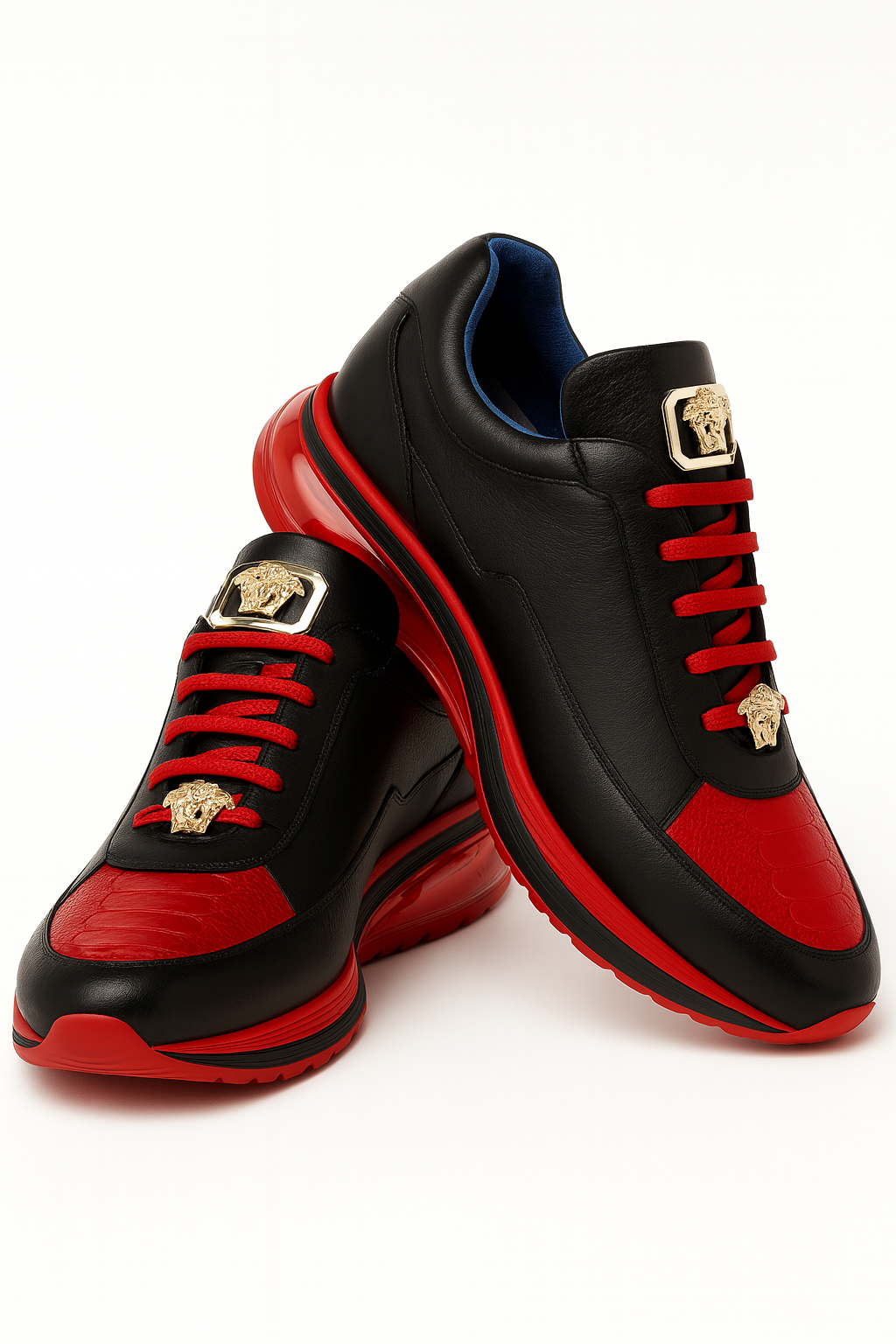 Belvedere  Flash Men's Shoes Black & Red Exotic Ostrich / Calf-skin Leather Casual Sneakers 5 MEN E01 BLACK/RED-M-06  - from alligatorwarehouse.com
