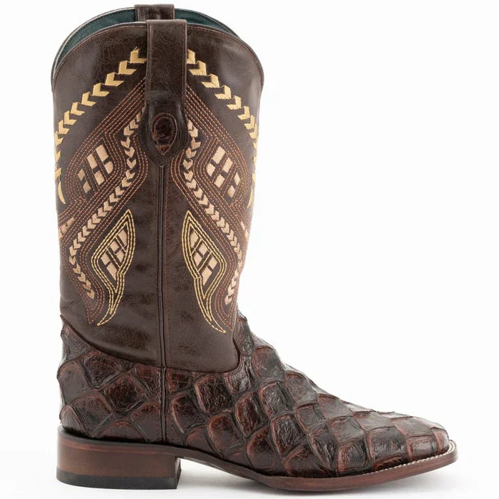 Ferrini Bronco Men's Print Pirarucu Fish Boots Handcrafted Chocolate 4339309 5 43393-09-080-D  - from alligatorwarehouse.com