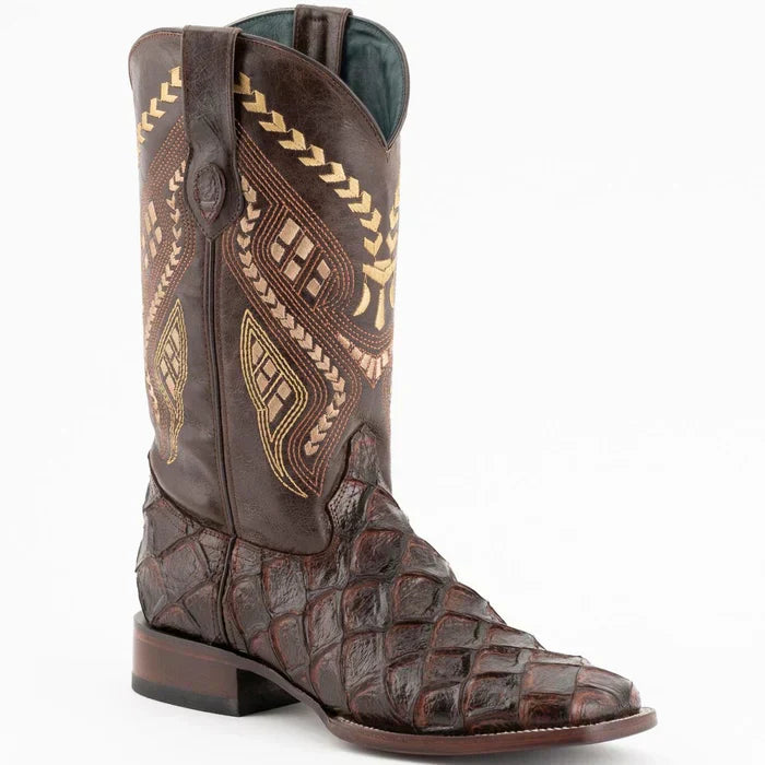 Ferrini Bronco Men's Print Pirarucu Fish Boots Handcrafted Chocolate 4339309 1 43393-09-080-D  - from alligatorwarehouse.com