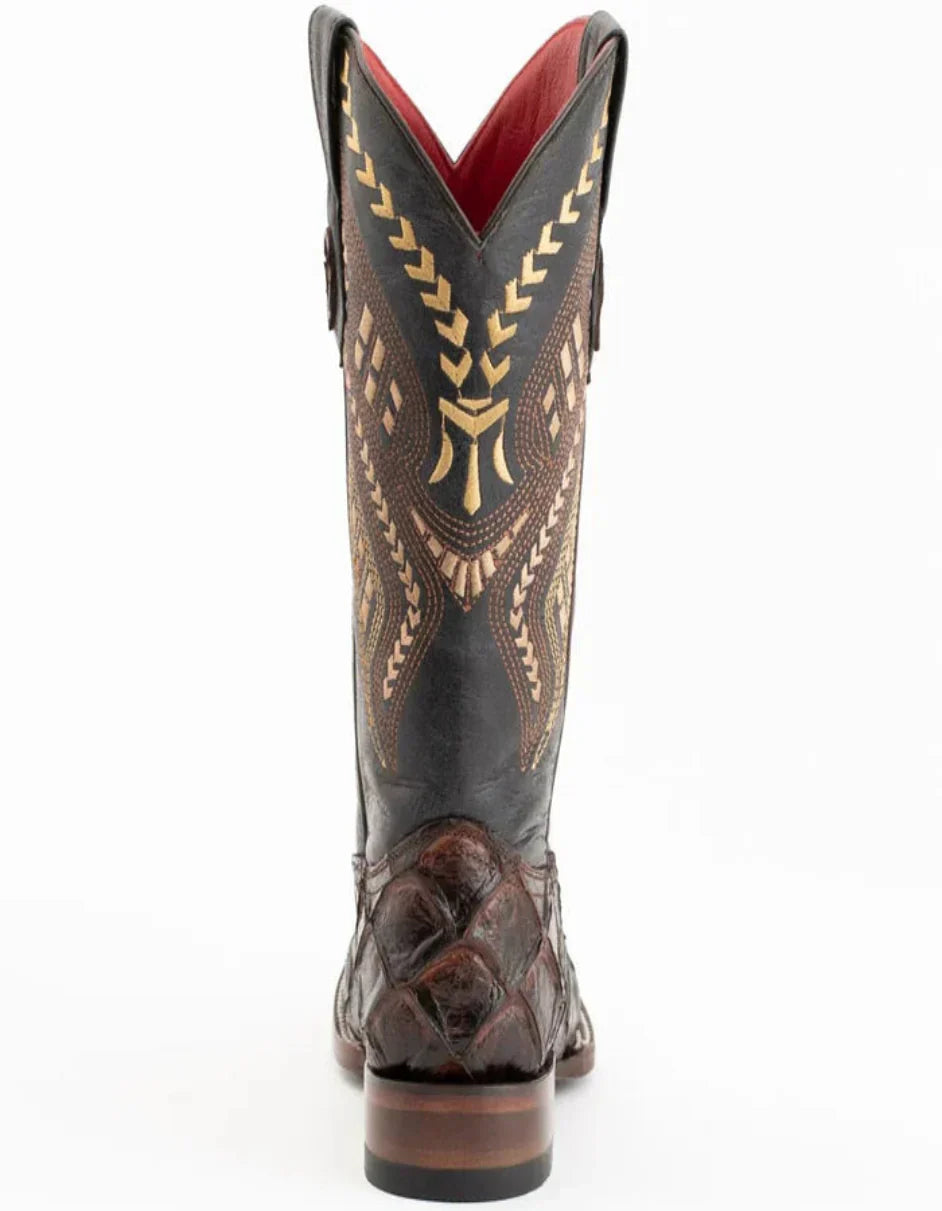 Ferrini Women's Bronco Square Toe Boots Pirarucu Fish Print - Chocolate 4 93393-09-060-B  - from alligatorwarehouse.com