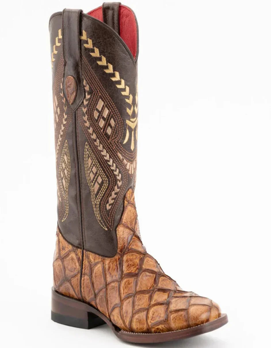 Ferrini Women's Bronco Square Toe Boots Pirarucu Fish Print - Cognac 1 93393-61-060-B  - from alligatorwarehouse.com