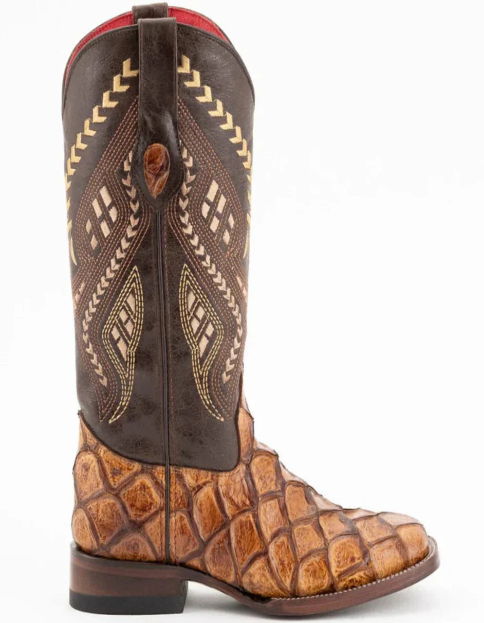 Ferrini Women's Bronco Square Toe Boots Pirarucu Fish Print - Cognac 3 93393-61-060-B  - from alligatorwarehouse.com