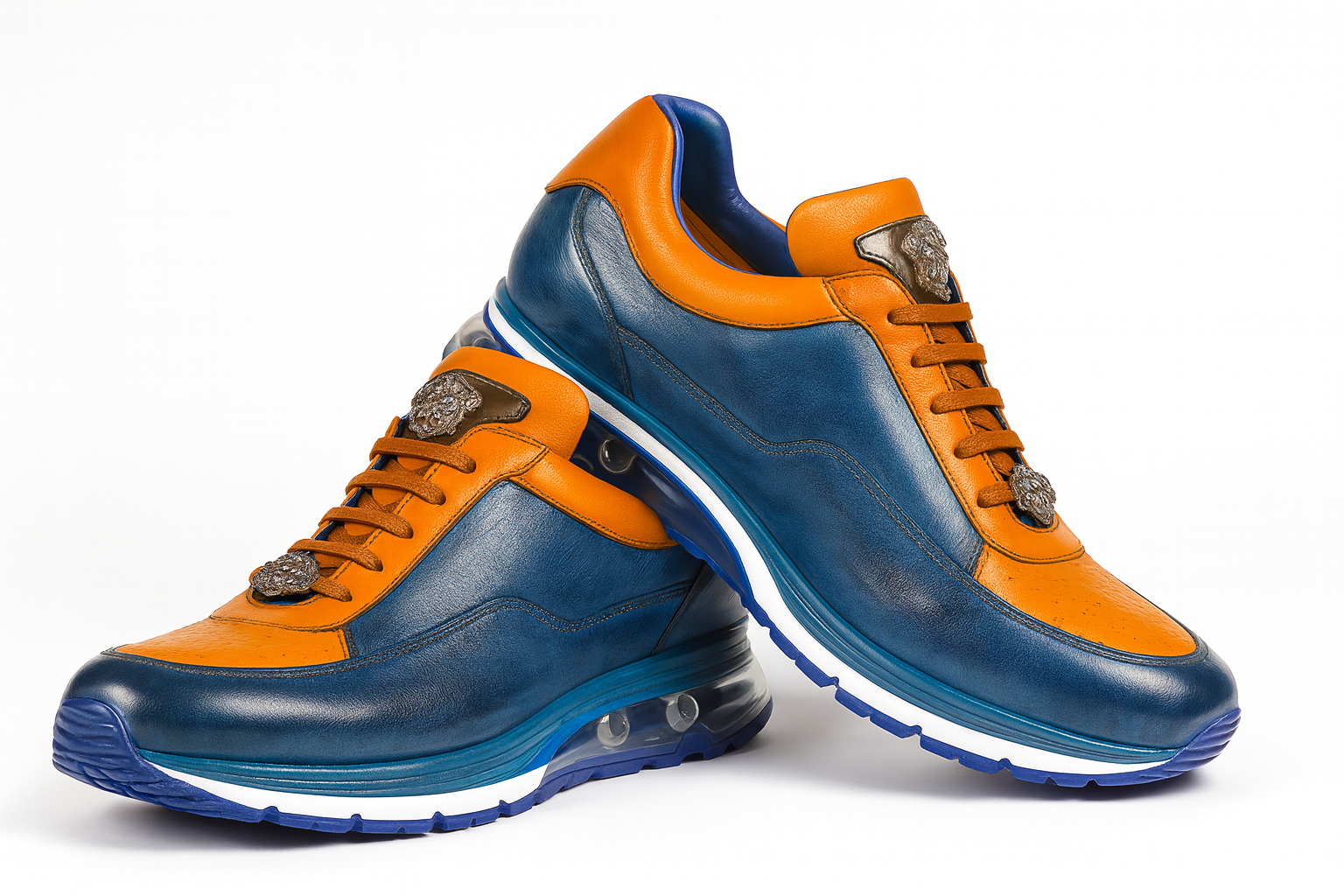 Belvedere  Flash Men's Shoes Blue Safari & Almond Exotic Ostrich / Calf-skin Leather Casual Sneakers 6 MEN E01 BLUE SAFARI/ALMOND-M-06  - from alligatorwarehouse.com