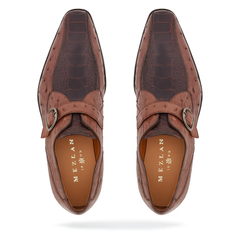 Mezlan Men's Genuine Full Quill Ostrich Leg Monk Brown Strap Shoes