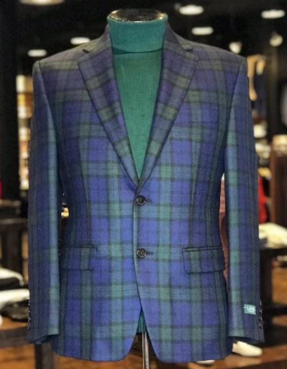 Big and Tall Plait Sport Coat - Windowpane Checkered Scottish English Pattern Party Blazer in Color Green and Blue Tartan 1   - from alligatorwarehouse.com