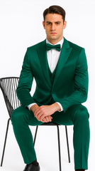 Men's Green Satin Double Breasted 3-Piece Suit with Peak Lapel Vest and Matching Bowtie – Tazzio Slim Fit Formalwear