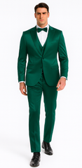 Men's Green Satin Double Breasted 3-Piece Suit with Peak Lapel Vest and Matching Bowtie – Tazzio Slim Fit Formalwear