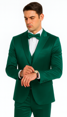 Men's Green Satin Double Breasted 3-Piece Suit with Peak Lapel Vest and Matching Bowtie – Tazzio Slim Fit Formalwear