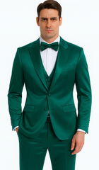 Men's Green Satin Double Breasted 3-Piece Suit with Peak Lapel Vest and Matching Bowtie – Tazzio Slim Fit Formalwear