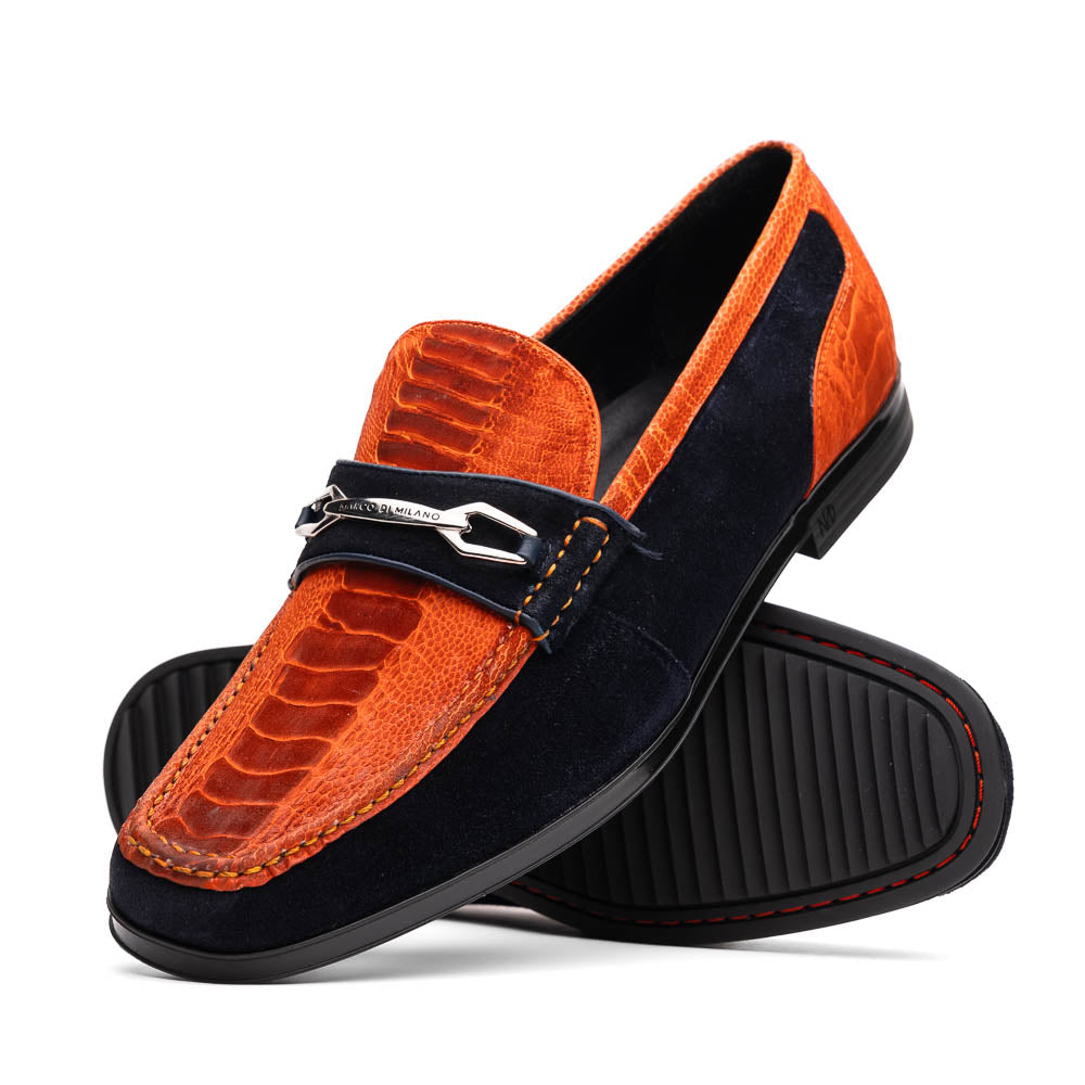 Marco Di Milano Orange-Navy Hugo Sueded Ostrich Leg Bit Loafers 2 HUGO OSL_OSTRICH LEG_ORANGE-NAVY_8  - from alligatorwarehouse.com