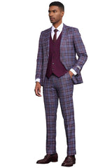 Men's Stacy Adams Bold Windowpane Plaid Print Vested Suit in Lavender & Purple