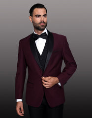Mens 1 Button Shawl Lapel Wool Dinner Classic Jacket Burgundy