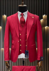 Rossiman Men's Red Suit – Stylish 1-Button Peak Lapel Jacket & Double-Breasted Vest