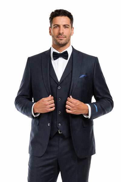 Men’s Navy Blue Vintage Tweed Wedding Suit – Two Button Jacket with Matching Vest