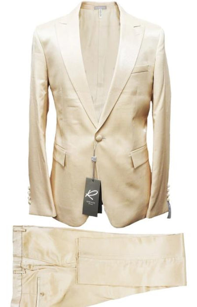 Rossiman Men’s Cream Sateen Suit – Elegant Glossy Formalwear
