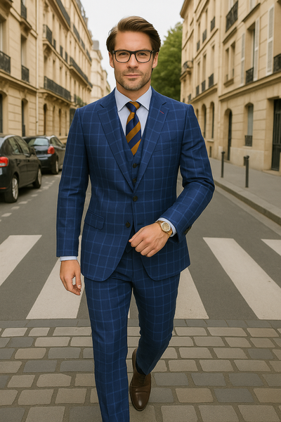 Wool Suit - Italian Made Business Suit by Statement Men's 3 Piece 100% Wool Modern Fit Suit - Classic Plaid Pattern