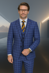 Wool Suit - Italian Made Business Suit by Statement Men's 3 Piece 100% Wool Modern Fit Suit - Classic Plaid Pattern