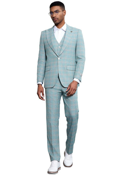 Men's Stacy Adams Vested Peak Lapel Light Turquoise Green Plaid Prom & Wedding Suit