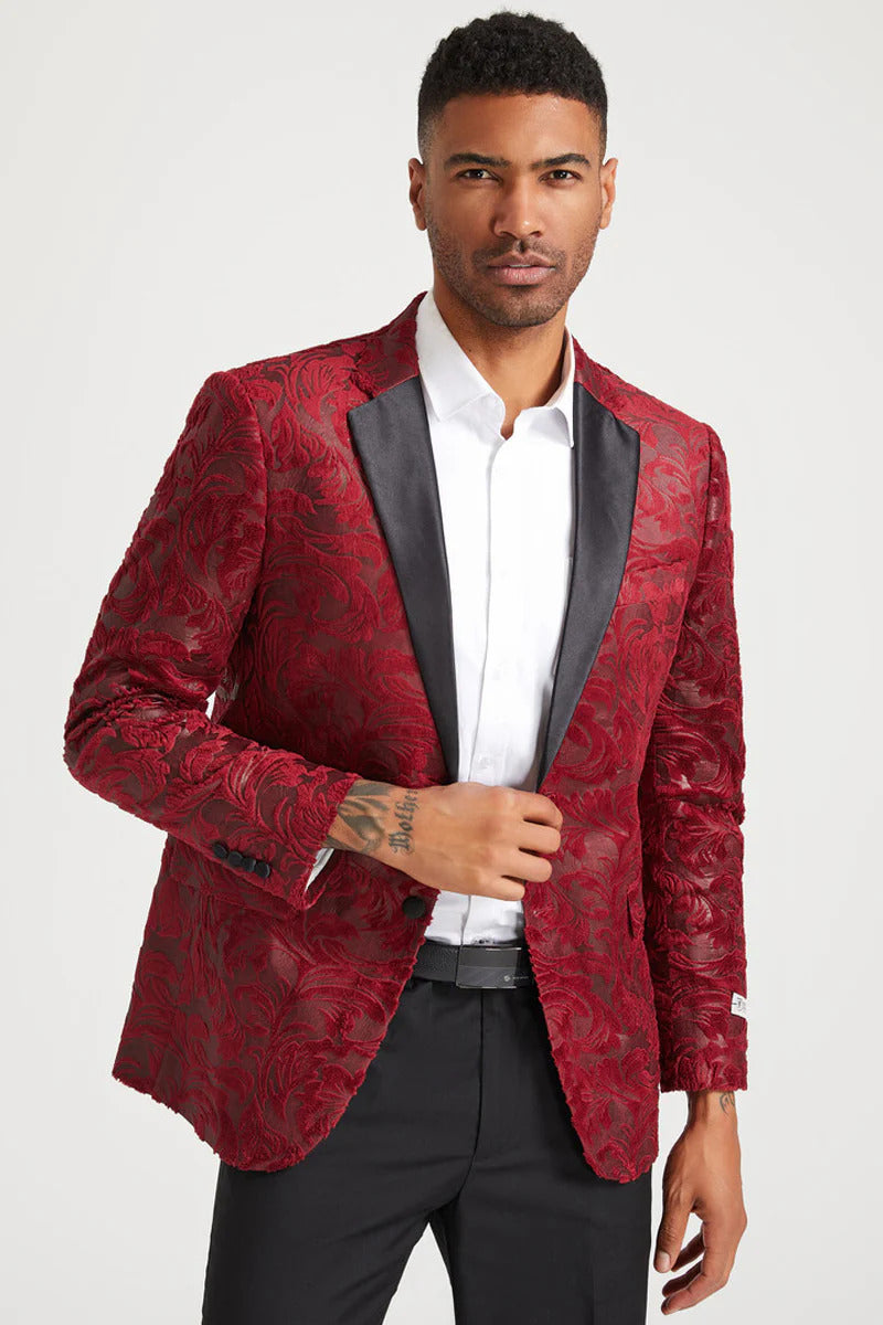 Men's Stacy Adam's Paisely Velvet Prom & Wedding Tuxedo Jacket In Red