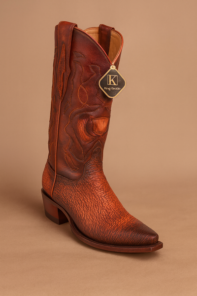 Men's King Exotic Snip Toe Sharkskin Boots Handcrafted Burnished Cognac (494RD0903)