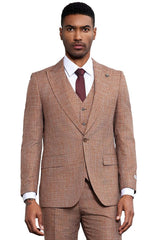Men's Stacy Adams Vested Sharkskin Weave Pattern Suit in Light Rust