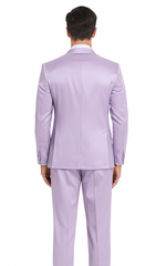 Tazzio Men's Lavender Satin Double Breasted 3-Piece Skinny Fit Suit with Peak Lapel Vest & Matching Bowtie – Stylish Formalwear Set