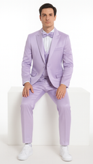 Tazzio Men's Lavender Satin Double Breasted 3-Piece Skinny Fit Suit with Peak Lapel Vest & Matching Bowtie – Stylish Formalwear Set
