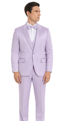 Tazzio Men's Lavender Satin Double Breasted 3-Piece Skinny Fit Suit with Peak Lapel Vest & Matching Bowtie – Stylish Formalwear Set